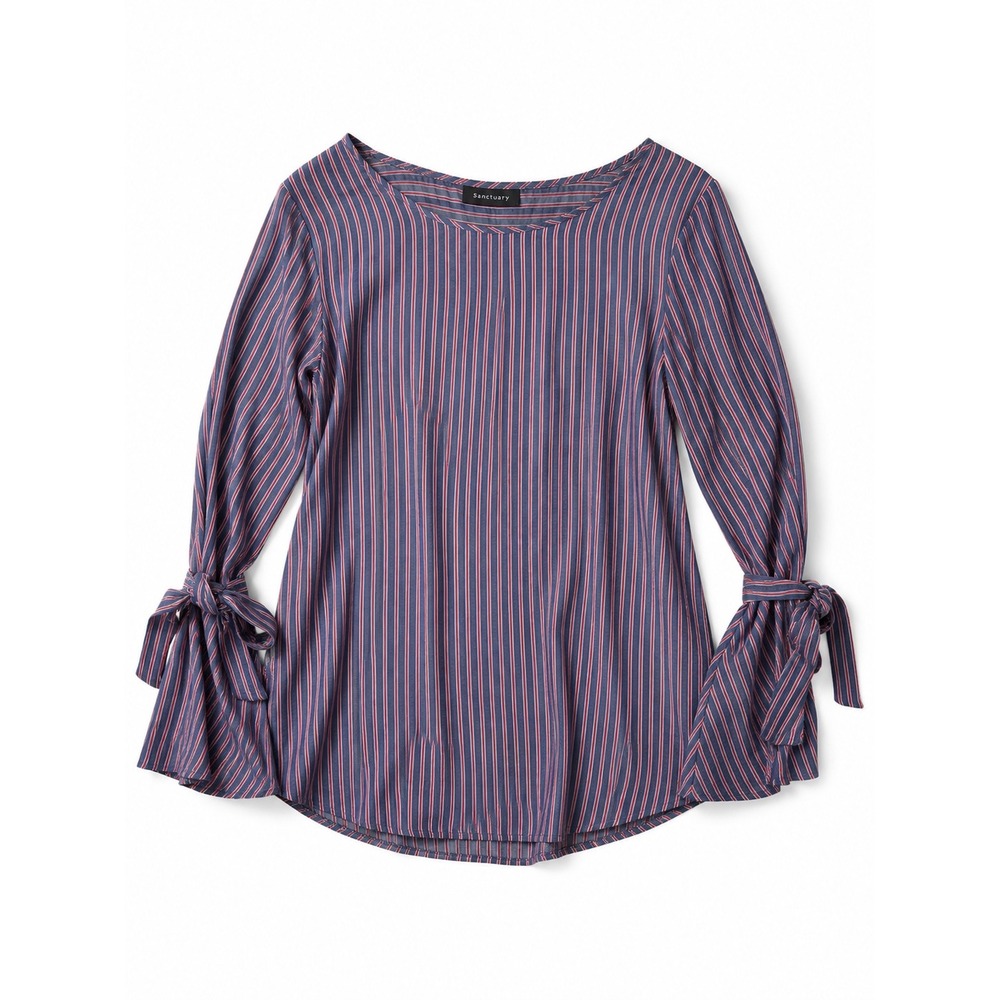 Pleione Blue/Red Striped Tie Sleeve Tie Back Closure Blouse Med
